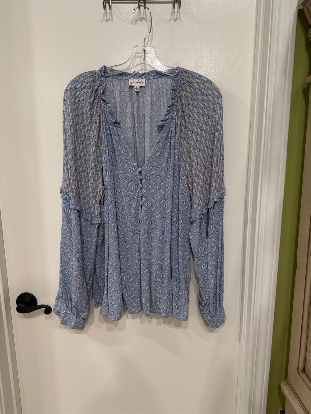 Wonderly Sky Blue Printed Ruffle Yoke Blouse